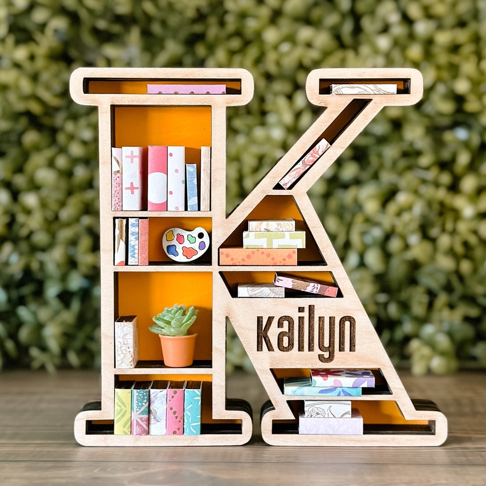 Mini Bookshelf, 3-D Wood Mini Bookshelf, Letter Bookshelf, Letter K